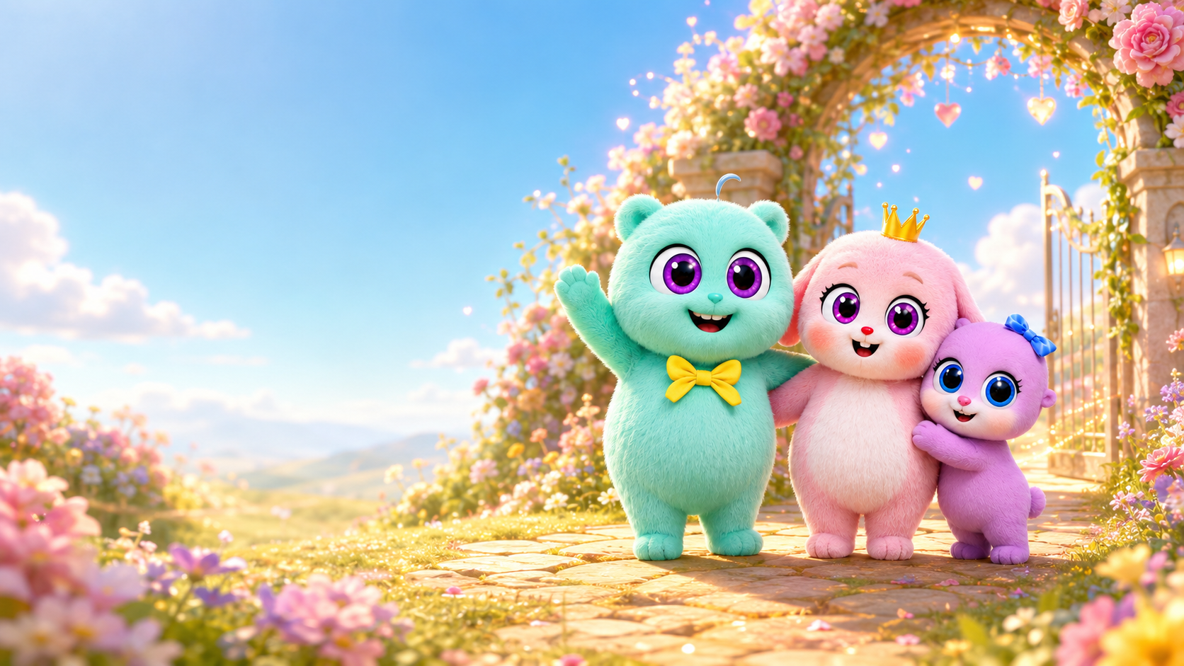 Darling, Chérie, and Amore welcoming a new adventure beside a flower-covered garden gate