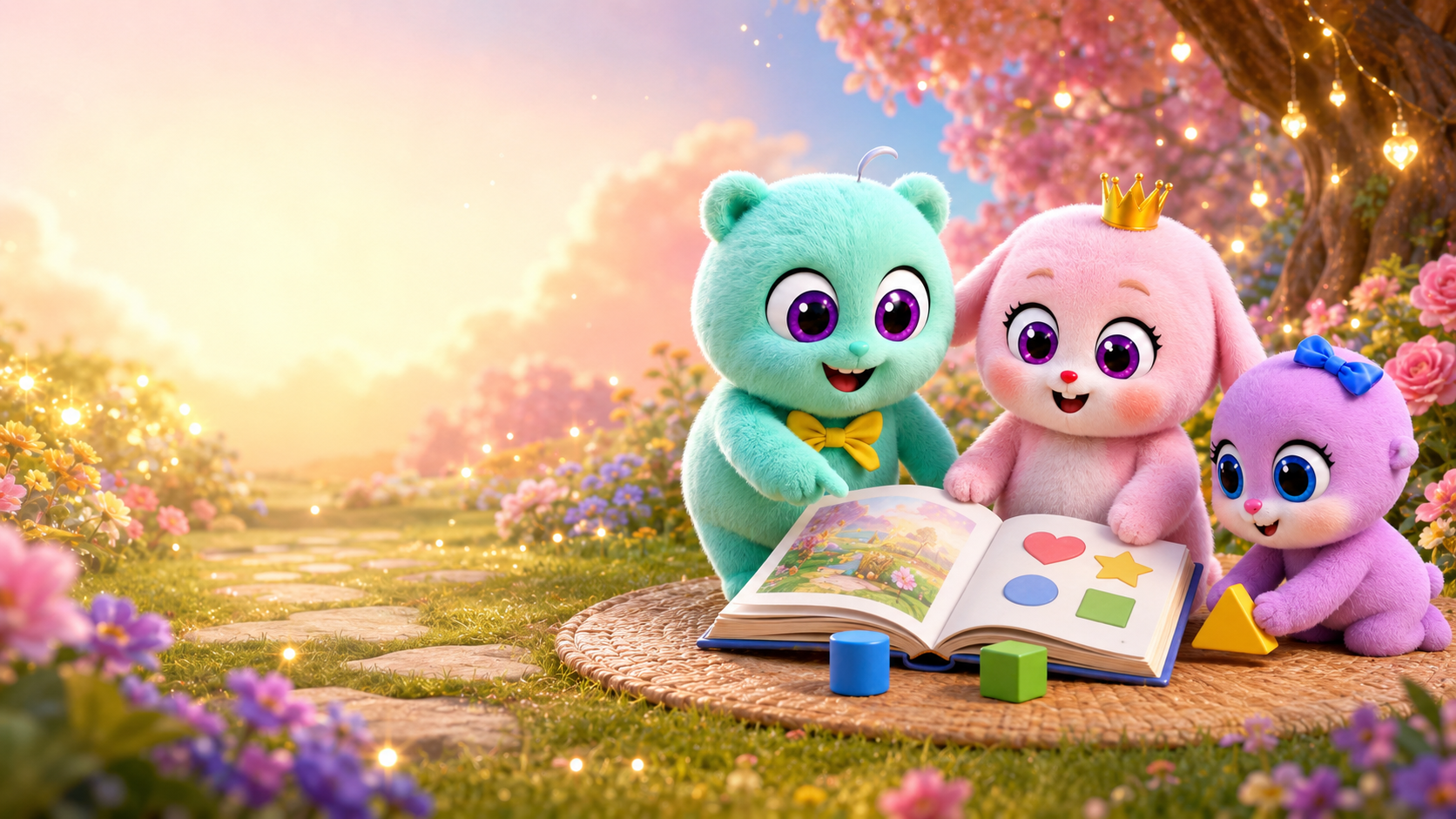 Darling, Chérie, and Amore learning together with a colorful storybook in a magical garden
