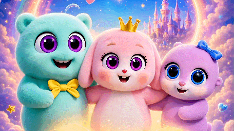 Darling, Chérie, and Amore together above a glowing storybook in their magical world
