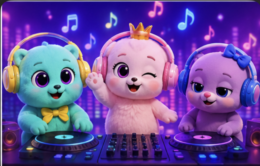 Darling, Chérie, and Amore making music together at a colorful DJ table